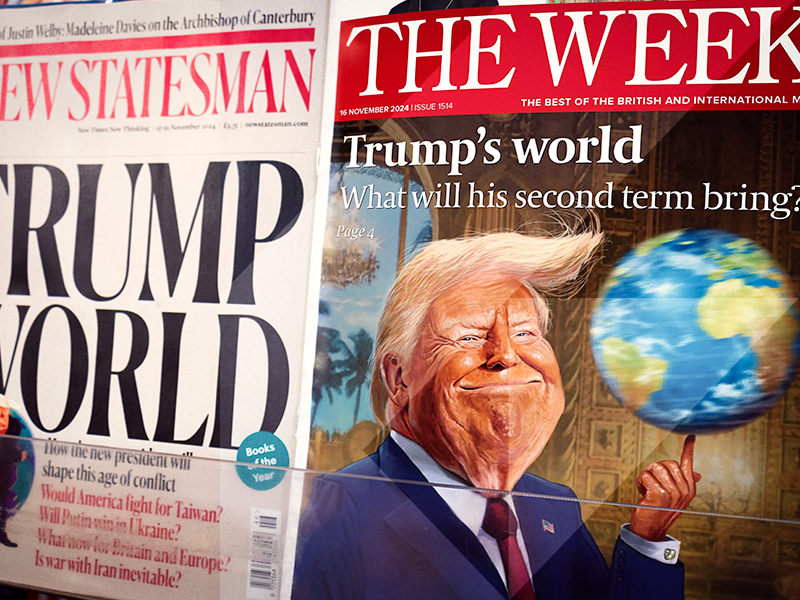 revista ficticia con imagen caricaturesca de Donald Trump