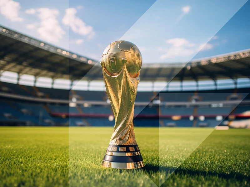 trofeo dorado con estadio al fondo