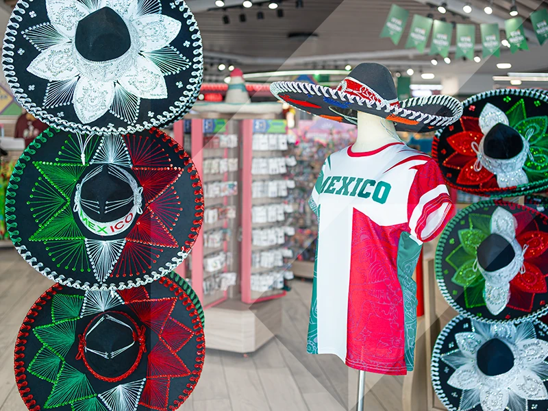 tienda con playera de colores mexicanos y sombreros