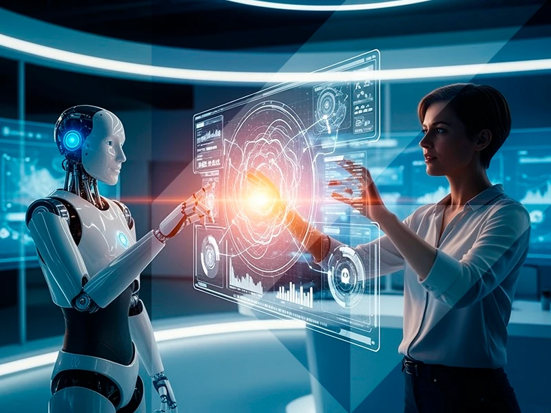 Persona interactuando con robot humanoide a través de panel holográfico
