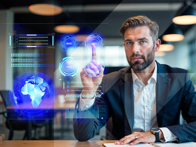 superposición de manos sobre teclado y gráficas financieras